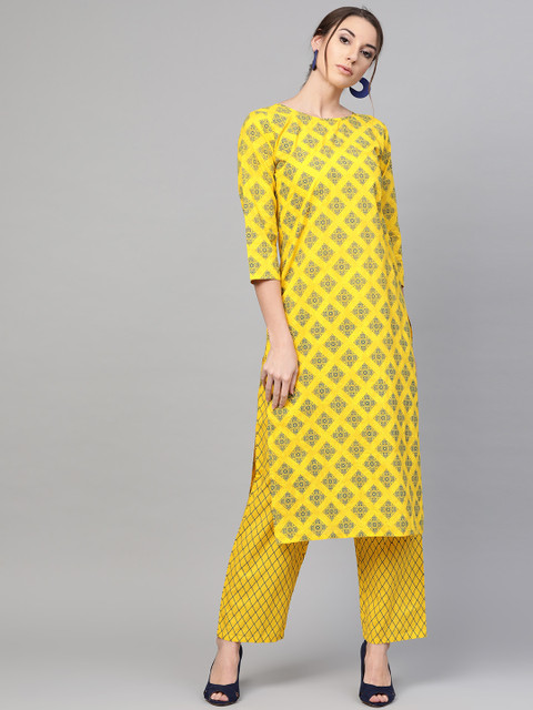 

AASI - HOUSE OF NAYO Women Yellow & Navy Blue Printed Kurta with Trousers