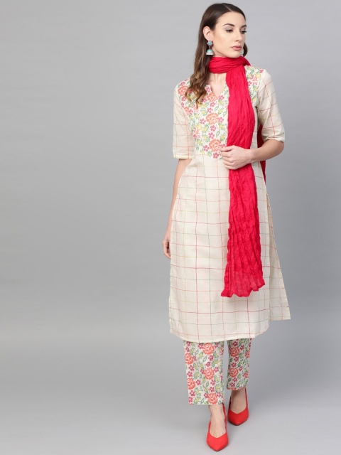 

AASI - HOUSE OF NAYO Women Cream-Coloured & Coral Pink Kurta with Palazzos & Dupatta