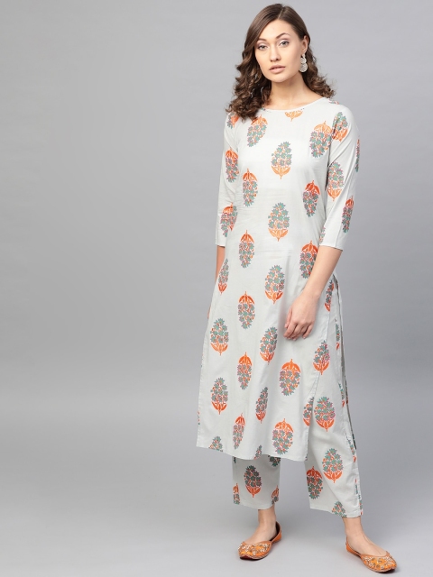 

AASI - HOUSE OF NAYO Women Grey & Orange Printed Kurta with Palazzos, Blue