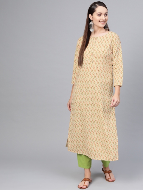 

AASI - HOUSE OF NAYO Women Beige & Green Printed Kurta with Trousers