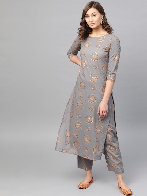 

AASI - HOUSE OF NAYO Women Grey & Orange Printed Straight Kurta with Trousers
