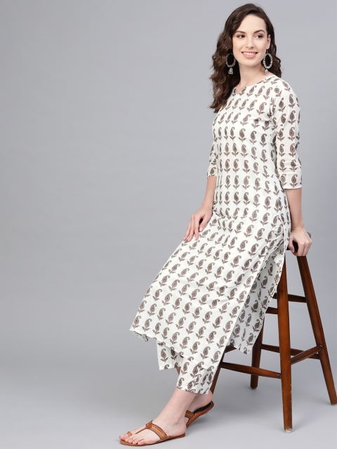 

AASI - HOUSE OF NAYO Women Off-White & Charcoal Grey Printed Kurta with Trousers