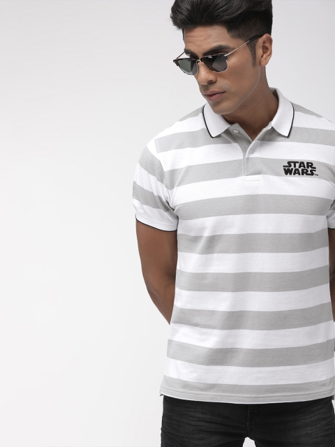

Indian Terrain White Grey Striped Round Neck Star Wars Pure Cotton T-shirt