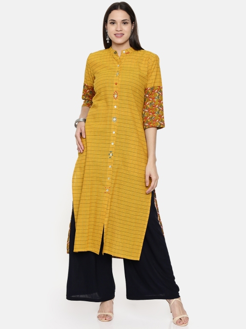 

araaliya Women Mustard Yellow & Green Checked A-Line Kurta