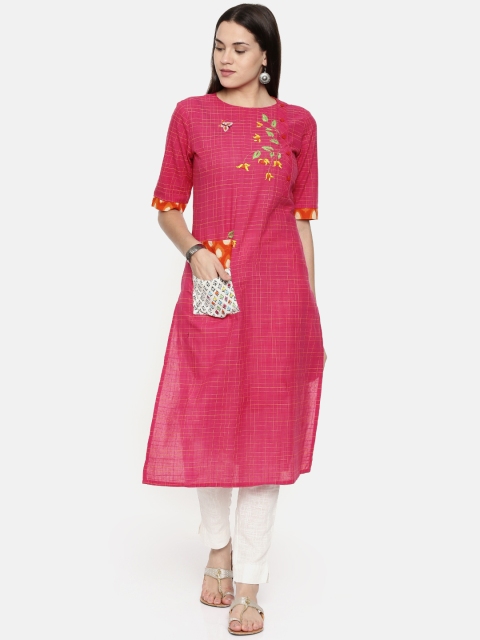 

araaliya Women Pink & Orange Checked Embroidered Straight Kurta