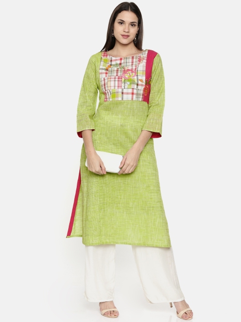 

araaliya Women Green Yoke Design Embroidered A-Line Kurta