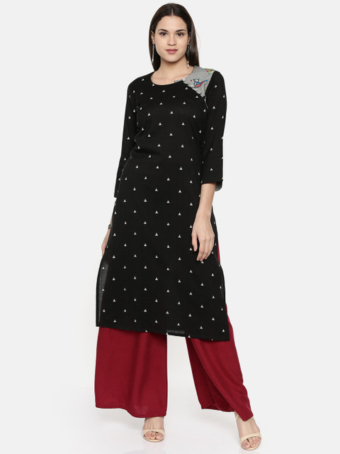 

araaliya Women Black & White Woven Design with Quirky Embroidered Detail Straight Kurta