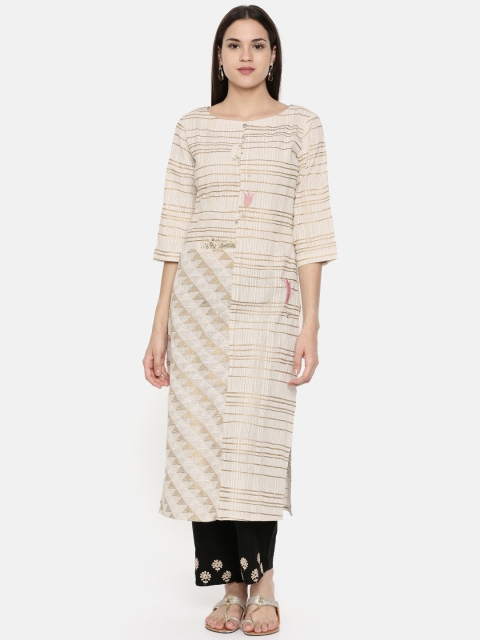 

araaliya Women Off-White & Golden Striped Embroidered Straight Kurta