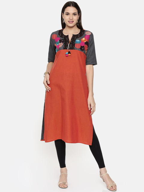 

araaliya Women Orange & Black Solid Straight Kurta