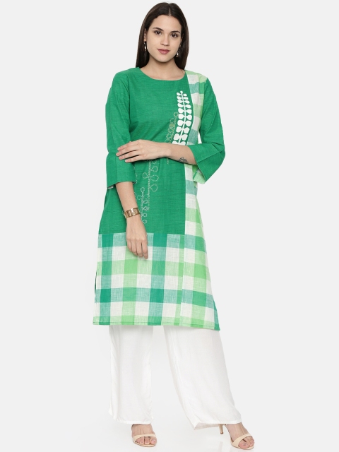 

araaliya Women Green & White Woven Design Checked Straight Kurta