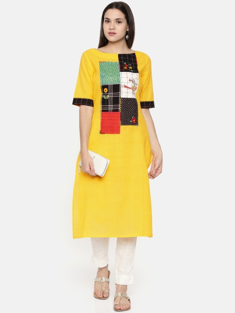 

araaliya Women Yellow & Black Patchwork Embroidered Straight Kurta