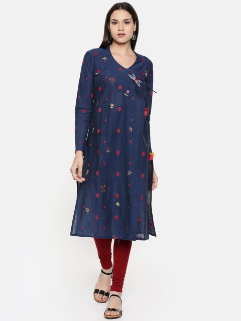 

araaliya Women Navy Blue Woven Design Angrakha Kurta