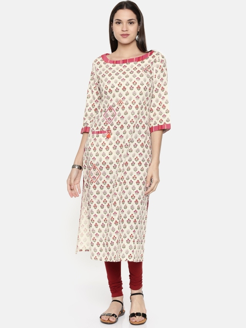 

araaliya Women Cream-Coloured & Pink Floral Print A-Line Kurta