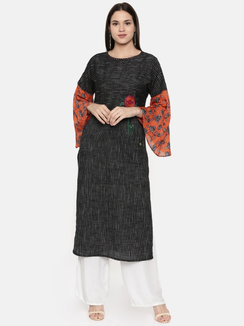 

araaliya Women Black & White Striped Embroidered Straight Kurta