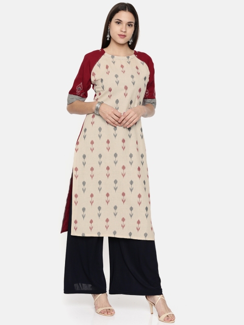 

araaliya Women Cream-Coloured & Red Woven Design Straight Kurta