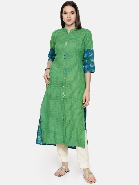 

araaliya Women Green & Blue Checked Embroidered Straight Kurta