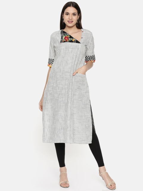 

araaliya Women White & Black Striped Straight Kurta