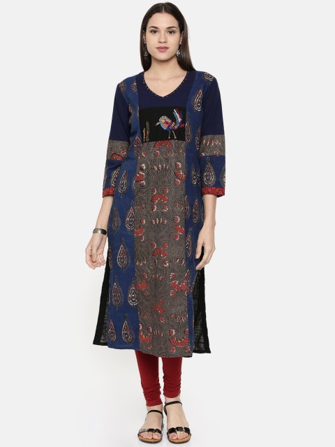 

araaliya Women Navy Blue & Black Printed Straight Kurta