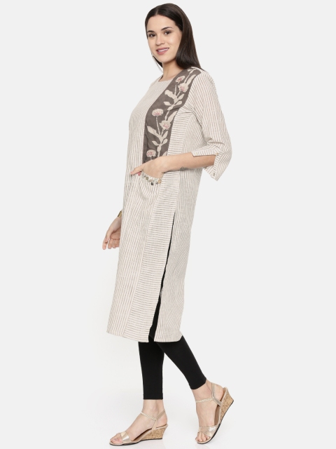 

araaliya Women Off-White & Olive Green Striped Straight Kurta