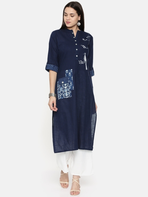 

araaliya Women Navy Blue Embroidered Straight Kurta