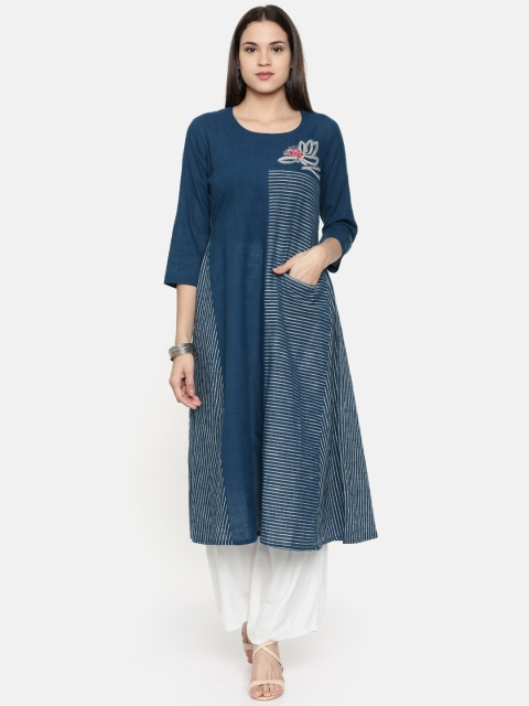 

araaliya Women Blue & White Striped Embroidered A-Line Kurta