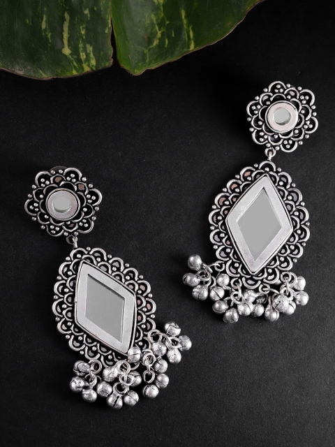 

FIROZA Oxidised Silver-Toned Diamond Shaped Mirror Drop Earrings