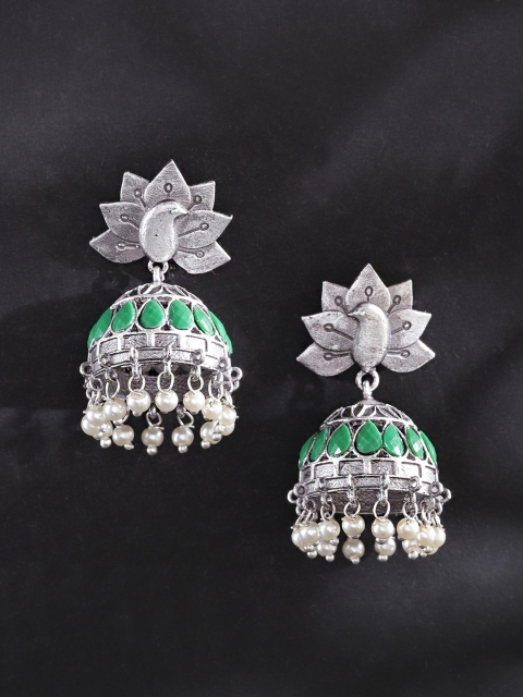 

FIROZA Oxidised Silver-Toned & Green Stone Studded & Beaded Dome Shaped Jhumkas