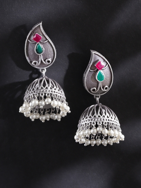 

FIROZA Oxidised Silver-Toned Stone Studded Dome Shaped Jhumkas
