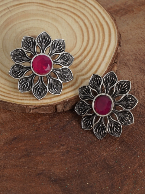 

FIROZA Oxidised Silver-Toned & Magenta Stone Studded Floral Studs