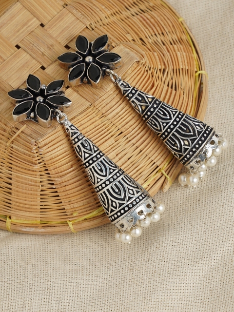 

FIROZA Oxidised Silver-Toned & Black Stone-Studded Floral Jhumkas