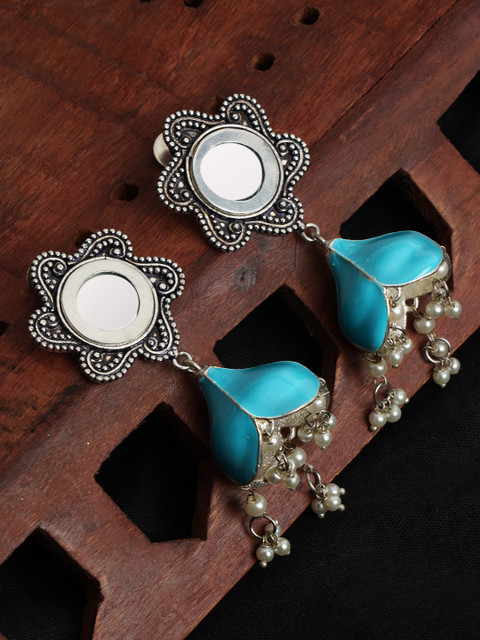 

FIROZA Oxidised Silver-Toned & Blue German Silver Beaded Mirror Dome Shaped Jhumkas