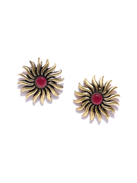

FIROZA Antique Gold-Toned & Burgundy Stone Studded Classic Studs