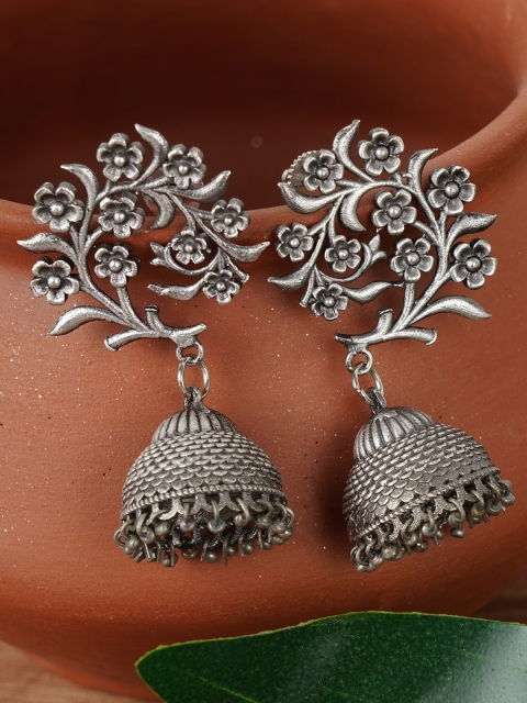

FIROZA Oxidised Silver-Toned Floral Jhumkas