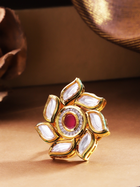 

FIROZA Red Gold-Plated Vilandi Kundan Floral Shaped Adjustable Finger Ring