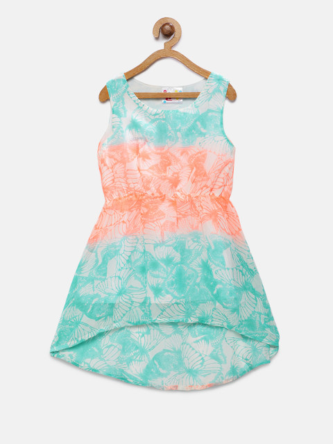 

Eimoie Girls Orange & Green Butterfly Printed Fit and Flare Dress
