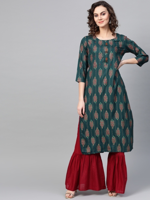 

ANAISA Women Green & Pink Foil Print Straight Kurta