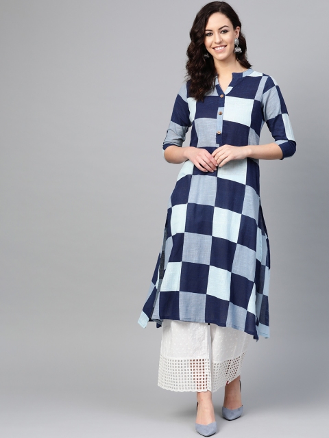 

ANAISA Women Blue & Grey Checked A-Line Asymmetric Kurta