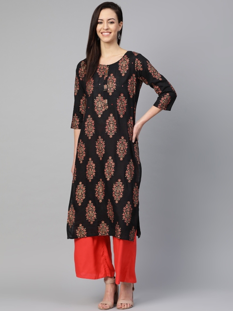 

ANAISA Women Black & Golden Floral Foil Print Straight Kurta