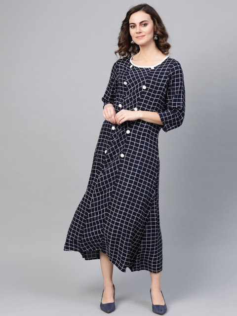 

ANAISA Women Navy Blue & White Checked Maxi Dress