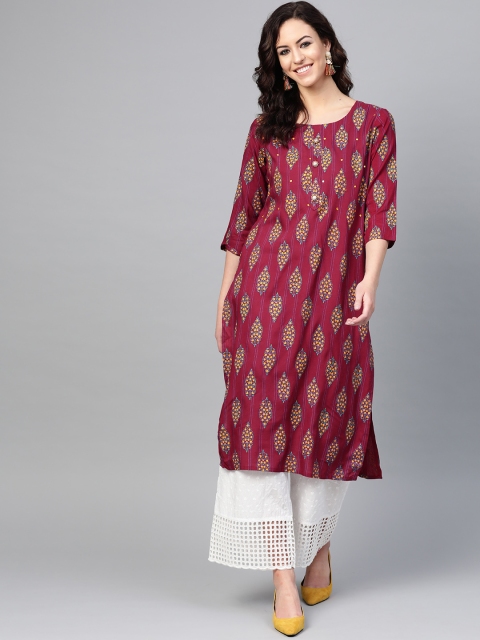 

ANAISA Women Maroon & Yellow Foil Print Straight Kurta