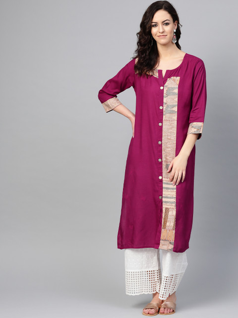 

ANAISA Women Magenta & Beige Colourblocked Straight Kurta