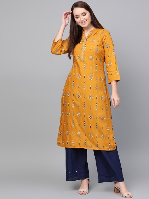 

ANAISA Women Mustard Yellow & Navy Blue Printed Kurta with Palazzos