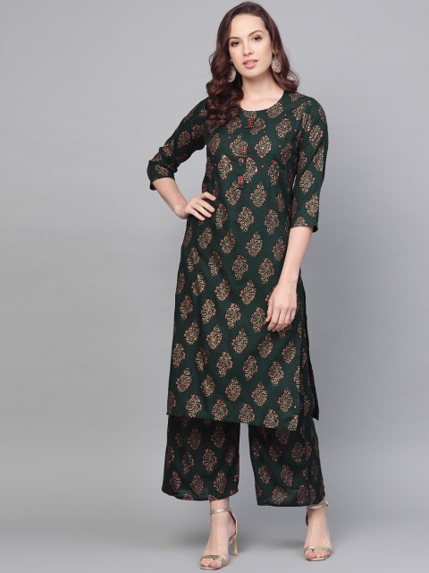 

ANAISA Women Green & Golden Printed Kurta with Palazzos
