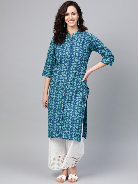 

ANAISA Women Blue & Green Printed Straight Kurta