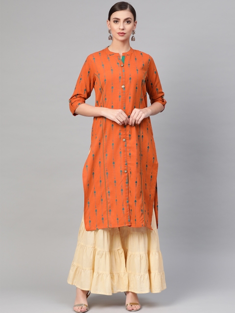 

ANAISA Women Rust Orange & Green Printed Straight Kurta
