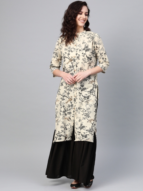 

ANAISA Women Off-White & Black Floral Print Straight Kurta