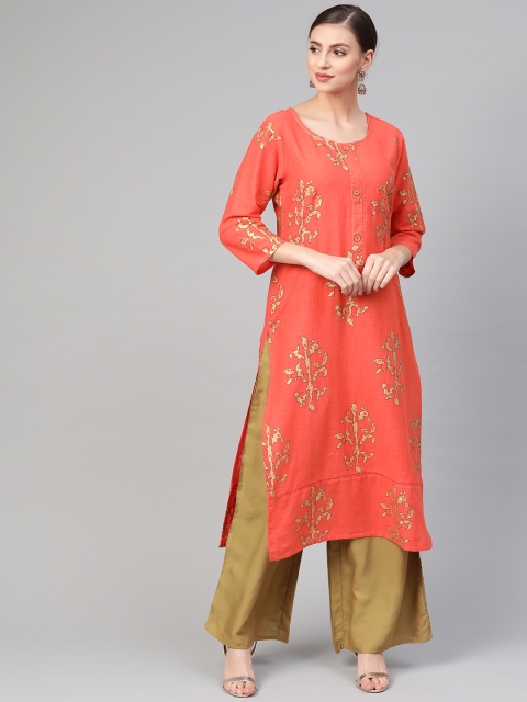 

ANAISA Women Coral Orange & Khaki Khari Print Kurta with Palazzos