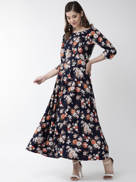 

U&F Women Navy Blue & White Floral Printed Maxi Dress