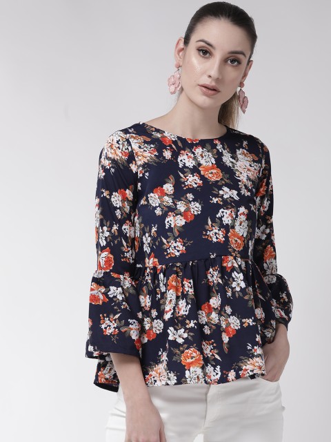 

U&F Women Navy Blue & White Floral Print A-Line Top