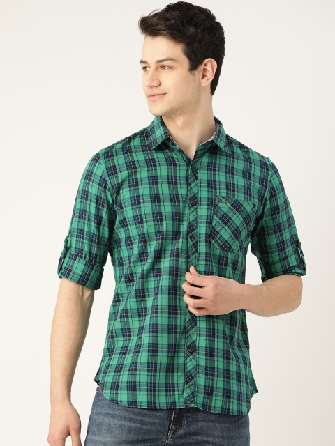 

Lee Cooper Men Green & Navy Blue Pure Cotton Regular Fit Checked Casual Shirt